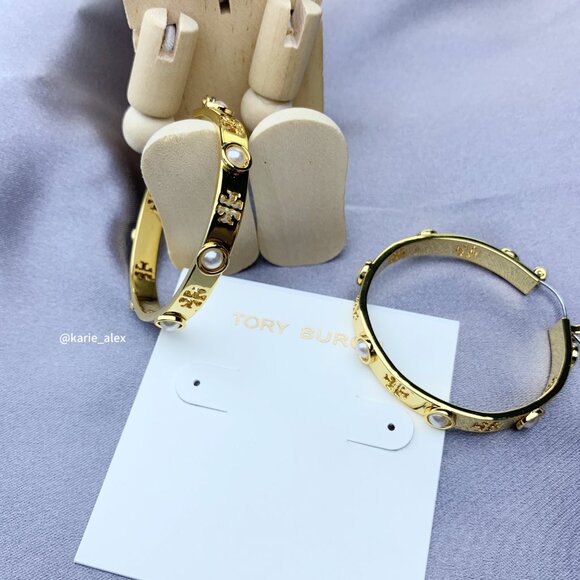Tory Burch Pierced Pearl Hoop Earrings - GOLD with Dust Bag - Picture 2 of 4